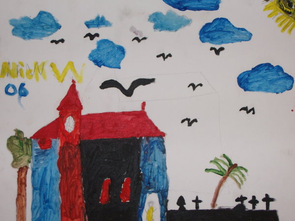 Nick,7Jahre,�l auf Leinwand,50x40,Kirche mit Friedhof